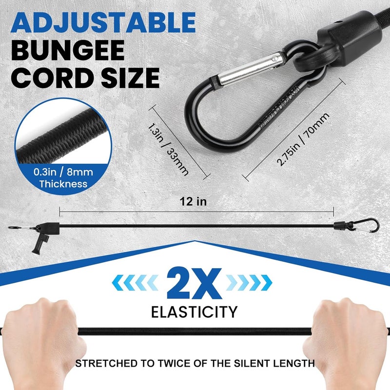Joneaz 8 Pcs 12 in Bungee Cords with Hooks Adjustable Heavy Duty Black, UV Resistant Shock Strap with Carabiner Style Clips,4 Spare Parts Offered - Image 2